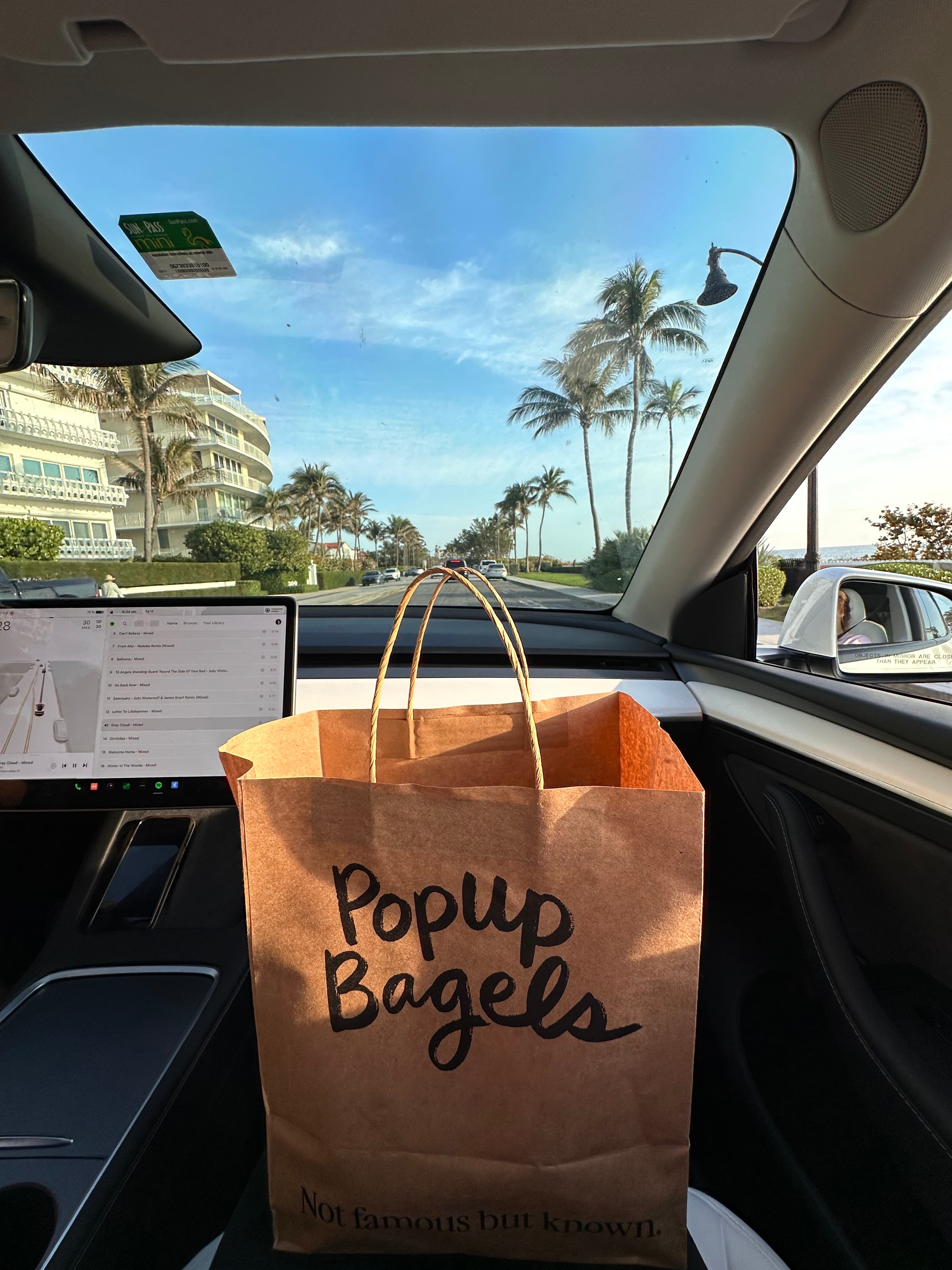 a photo of popup bagels bag in the tesla