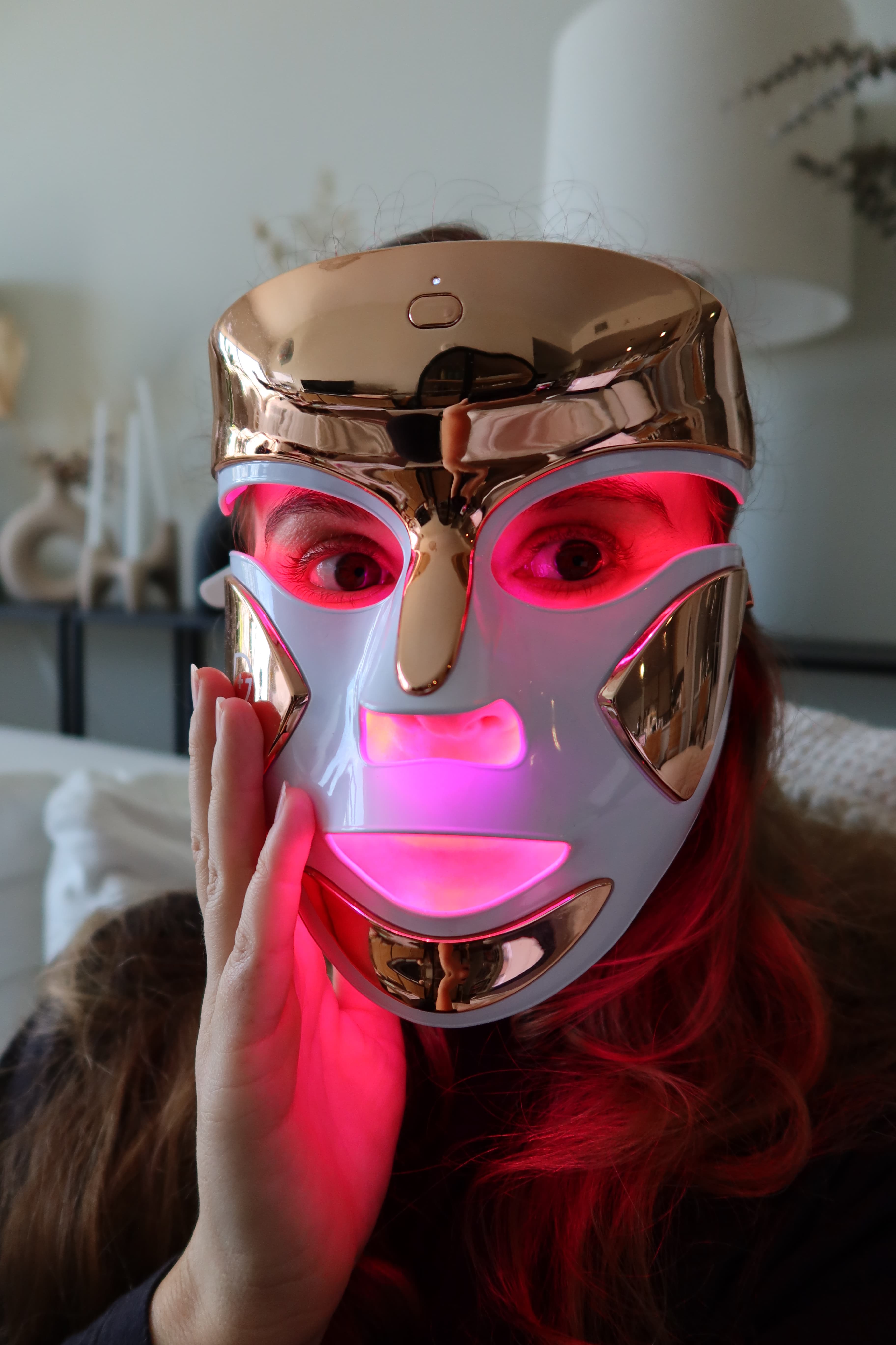 me wearing my favorite mask for red light therapy