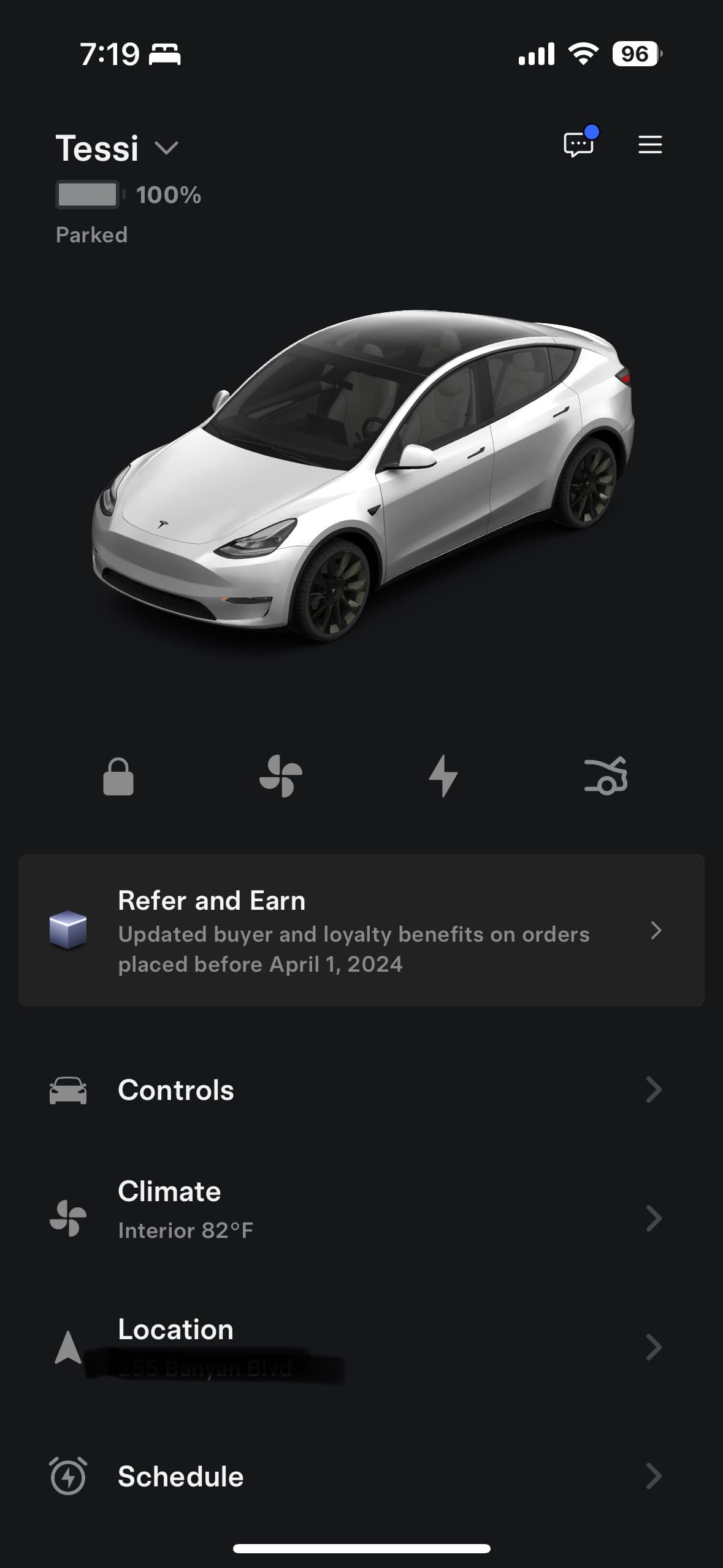 Tesla Model Y App home screen